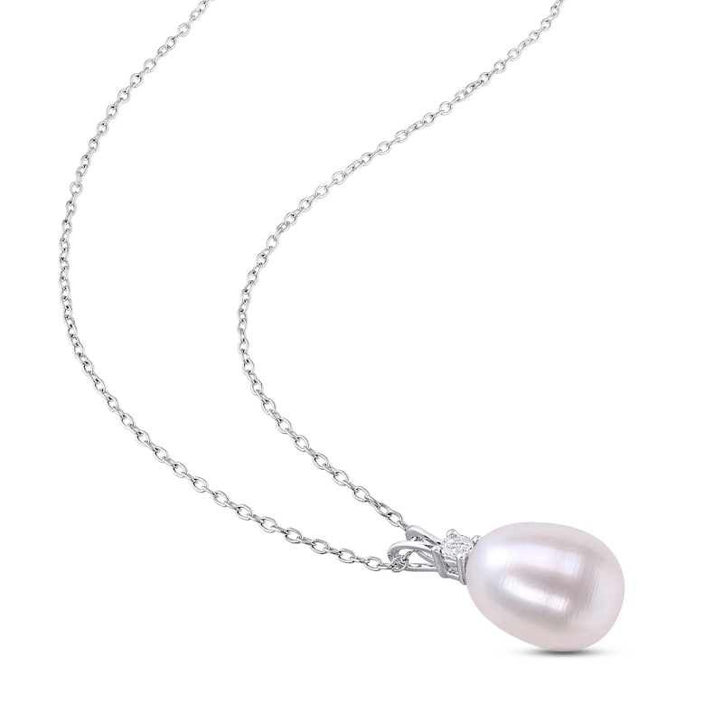 Main Image 2 of Cultured Pearl & White Lab-Created Sapphire Necklace Sterling Silver 18&quot;