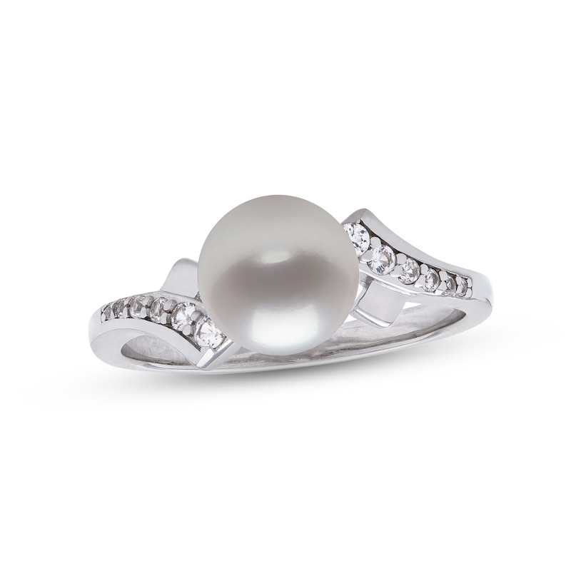 Main Image 1 of Cultured Pearl & White Lab-Created Sapphire Ring Sterling Silver