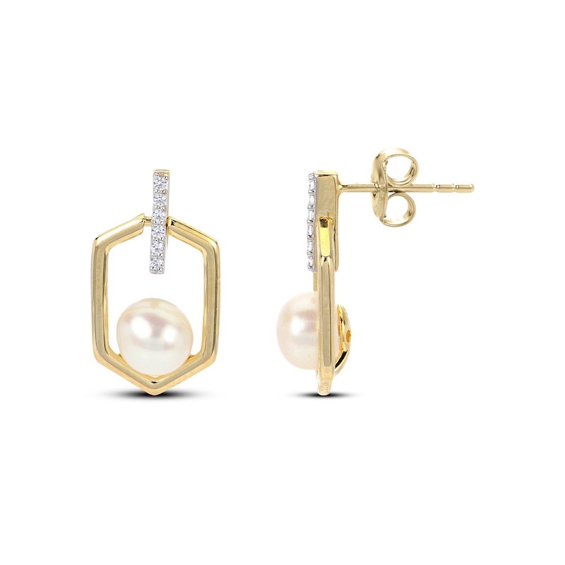 Main Image 1 of Cultured Pearl & White Lab-Created Sapphire Hexagon Earrings 14K Yellow Gold-Plated Sterling Silver