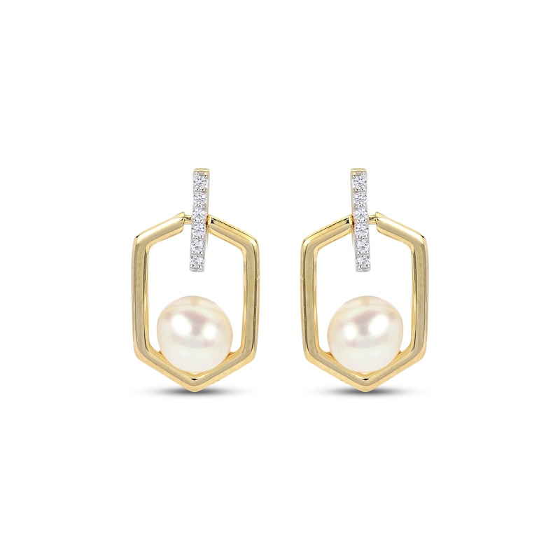 Main Image 2 of Cultured Pearl & White Lab-Created Sapphire Hexagon Earrings 14K Yellow Gold-Plated Sterling Silver