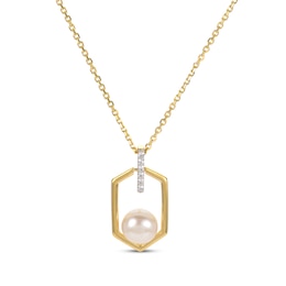 Cultured Pearl & White Lab-Created Sapphire Hexagon Necklace 14K Yellow Gold-Plated Sterling Silver 18&quot;