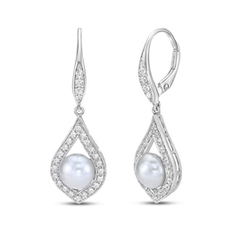 Cultured Pearl & White Lab-Created Sapphire Teardrop Dangle Earrings Sterling Silver