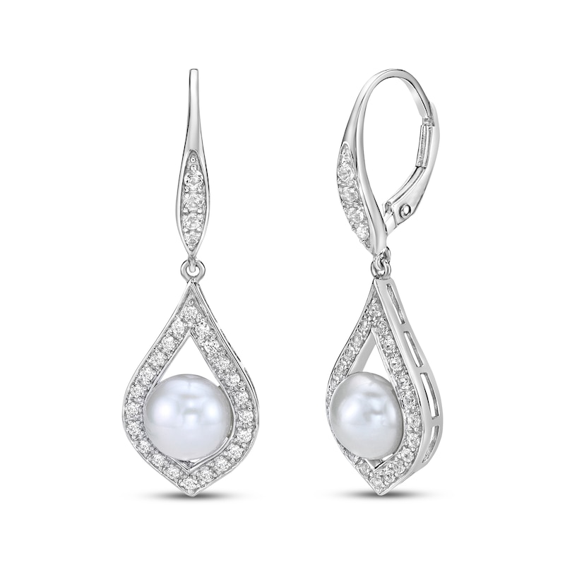 Main Image 1 of Cultured Pearl & White Lab-Created Sapphire Teardrop Dangle Earrings Sterling Silver