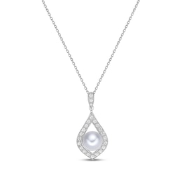 Cultured Pearl & White Lab-Created Sapphire Teardrop Necklace Sterling Silver 18&quot;