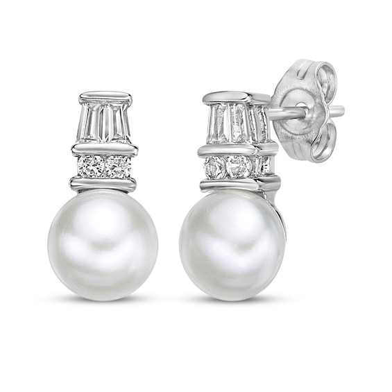 Cultured Pearl & White Lab-Created Sapphire Earrings Sterling Silver