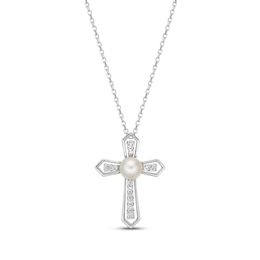 Cultured Pearl & White Topaz Cross Necklace 10K White Gold 18&quot;