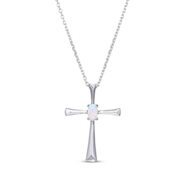 Oval-Cut White Lab-Created Opal Cross Necklace Sterling Silver 18”