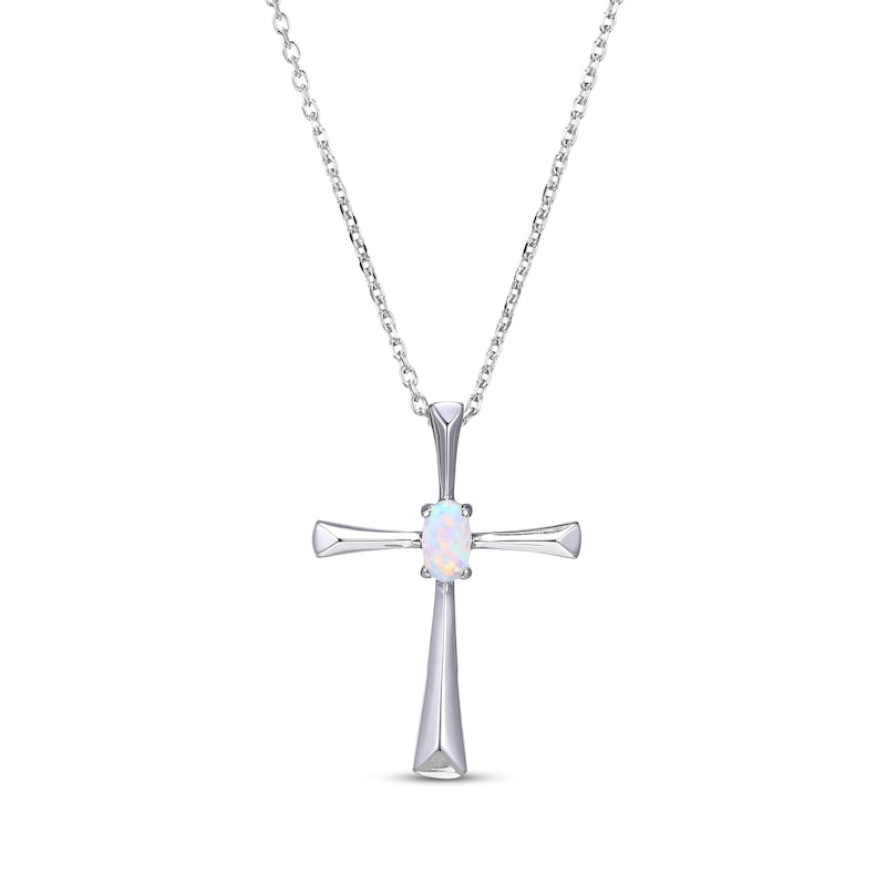 Main Image 1 of Oval-Cut White Lab-Created Opal Cross Necklace Sterling Silver 18”