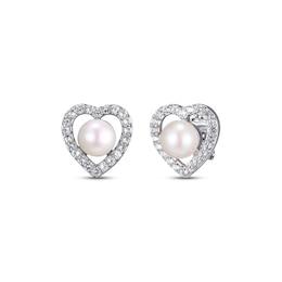 Cultured Pearl & White Lab-Created Sapphire Heart Stud Earrings Sterling Silver