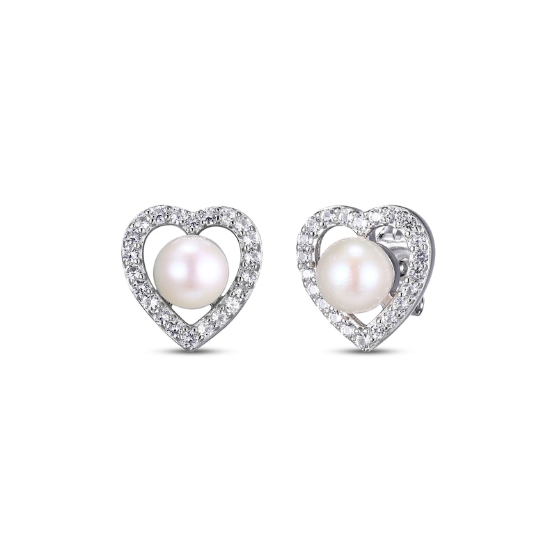 Cultured Pearl & White Lab-Created Sapphire Heart Stud Earrings ...