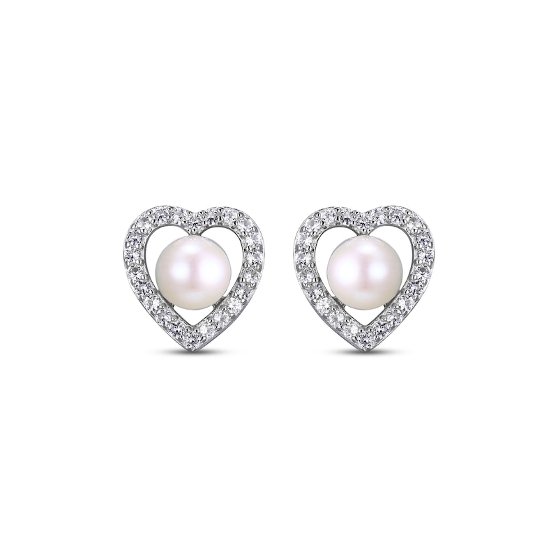 Main Image 2 of Cultured Pearl & White Lab-Created Sapphire Heart Stud Earrings Sterling Silver