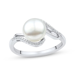 Cultured Pearl & Round-Cut White Lab-Created Sapphire Bypass Ring Sterling Silver