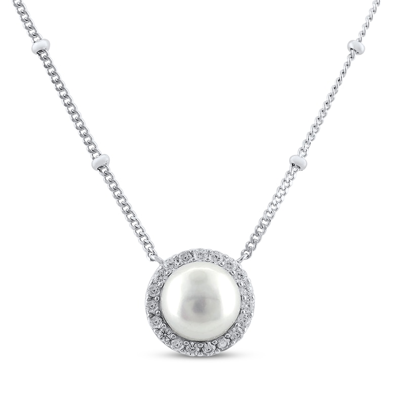 Main Image 1 of Cultured Pearl & Round-Cut White Lab-Created Sapphire Necklace Sterling Silver 18”