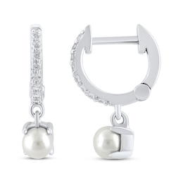 Cultured Pearl Drop & Round-Cut White Lab-Created Sapphire Hoop Earrings Sterling Silver