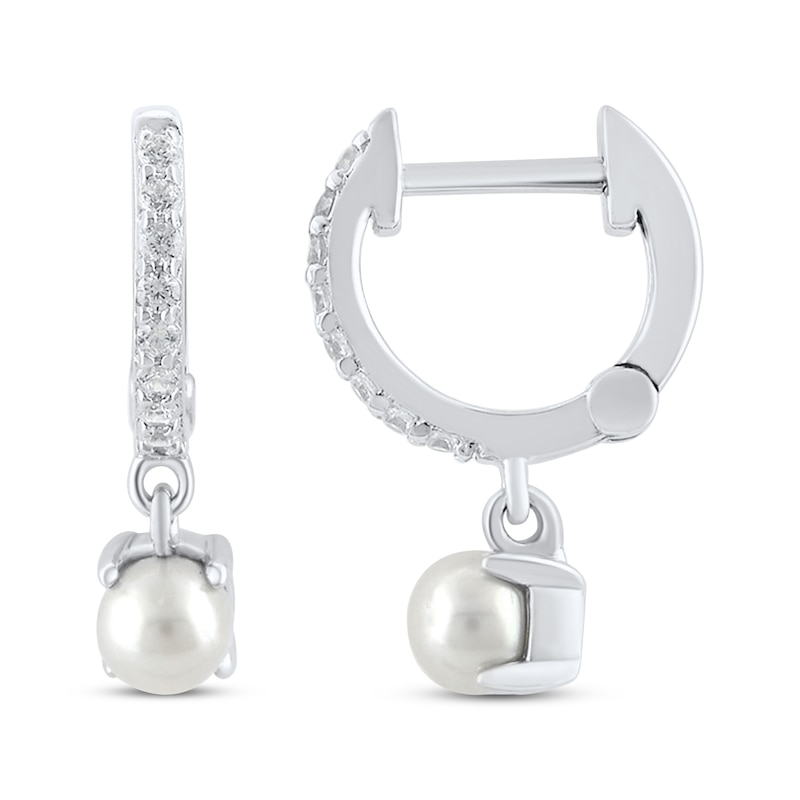 Main Image 1 of Cultured Pearl Drop & Round-Cut White Lab-Created Sapphire Hoop Earrings Sterling Silver