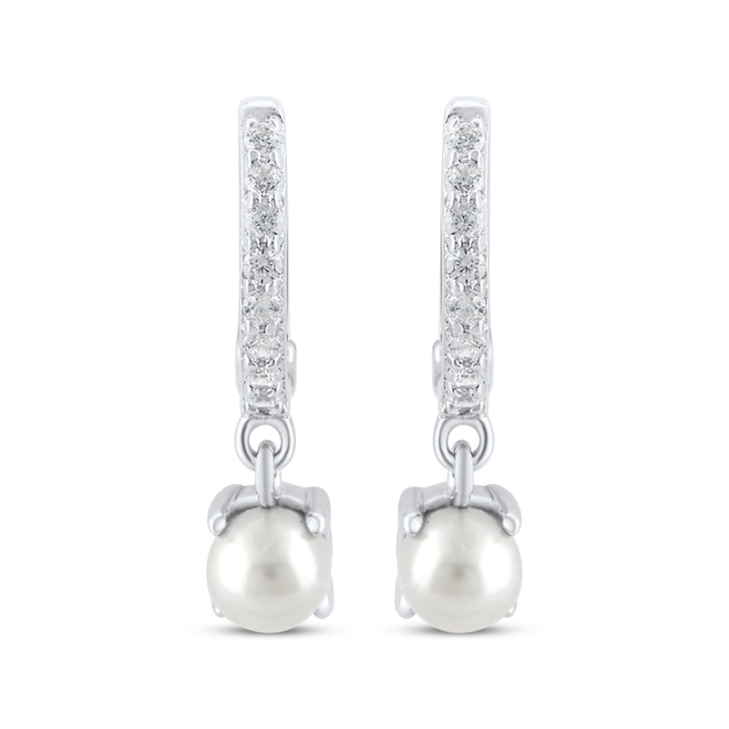 Main Image 2 of Cultured Pearl Drop & Round-Cut White Lab-Created Sapphire Hoop Earrings Sterling Silver