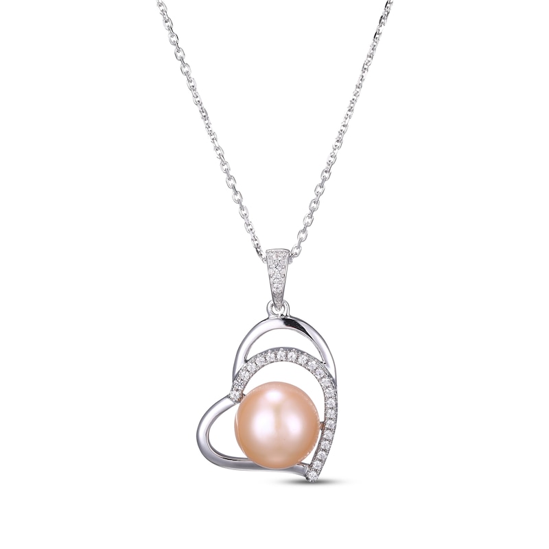 Main Image 1 of Pink Cultured Pearl & Round-Cut White Lab-Created Sapphire Heart Necklace Sterling Silver 18”