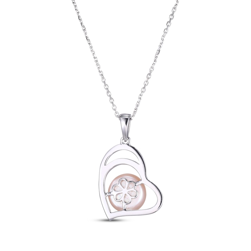 Main Image 3 of Pink Cultured Pearl & Round-Cut White Lab-Created Sapphire Heart Necklace Sterling Silver 18”