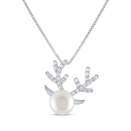 Round-Cut Cultured Pearl & White Lab-Created Sapphire Reindeer Necklace Sterling Silver 18&quot;