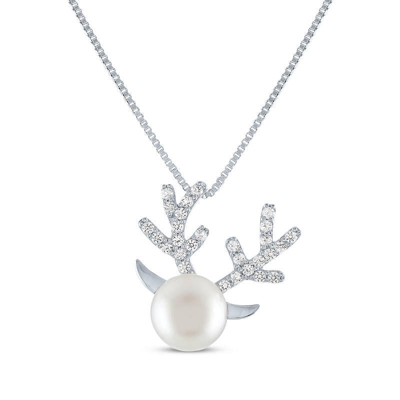 Round-Cut Cultured Pearl & White Lab-Created Sapphire Reindeer Necklace Sterling Silver 18"