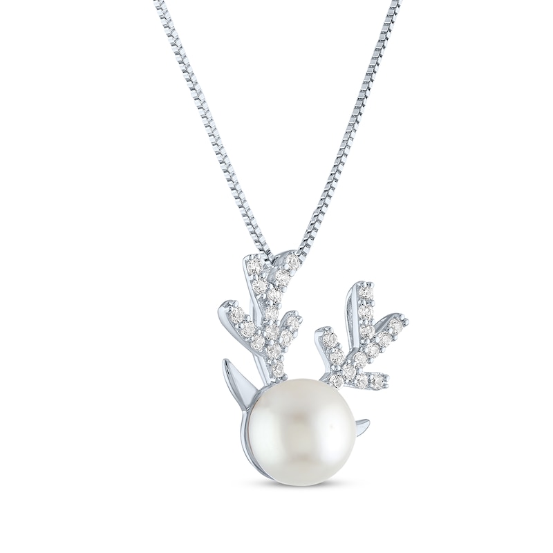 Round-Cut Cultured Pearl & White Lab-Created Sapphire Reindeer Necklace Sterling Silver 18"