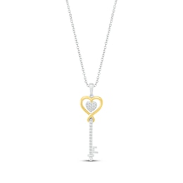 Round-Cut Diamond Heart-Topped Key Necklace 1/10 ct tw Sterling Silver & 10K Yellow Gold 18”