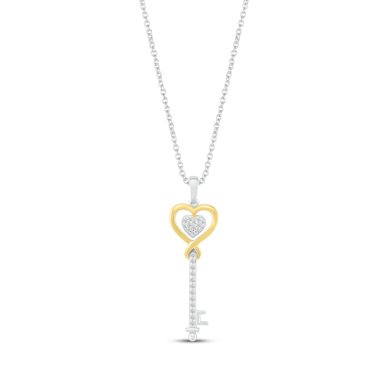 Main Image 1 of Round-Cut Diamond Heart-Topped Key Necklace 1/10 ct tw Sterling Silver & 10K Yellow Gold 18”