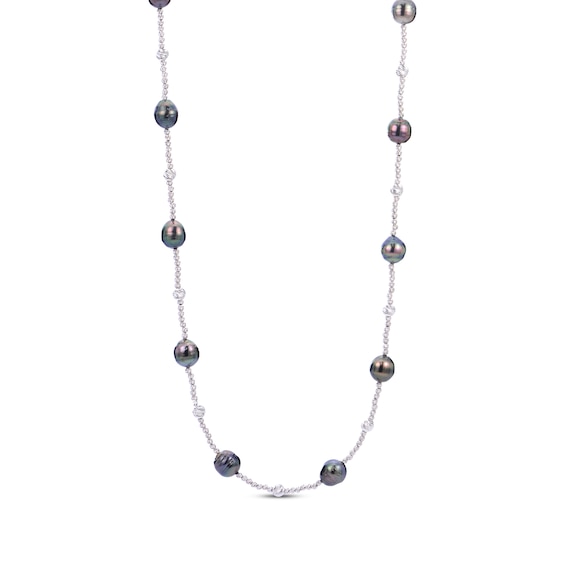 Tahitian Cultured Pearl & Bead Station Necklace Sterling Silver 32”