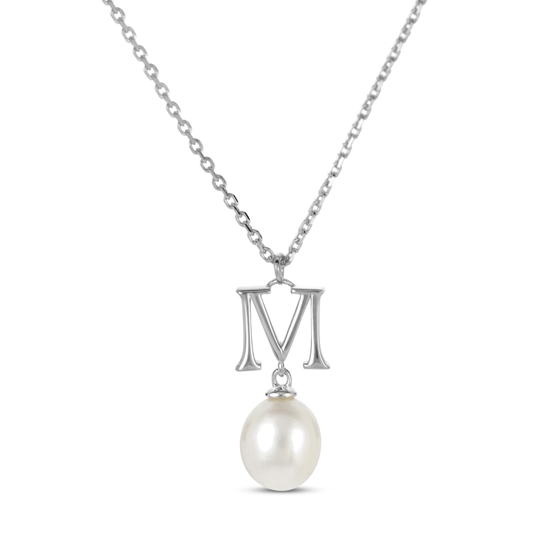 Main Image 1 of Cultured Pearl Initial “M” Necklace Sterling Silver 18”