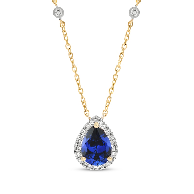 Main Image 1 of Pear-Shaped Blue Lab-Created Sapphire & Diamond Necklace 1/6 ct tw 10K Yellow Gold 18.5&quot;