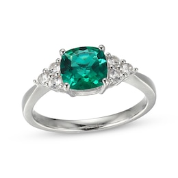 Cushion-Cut Lab-Created Emerald & White Lab-Created Sapphire Ring Sterling Silver