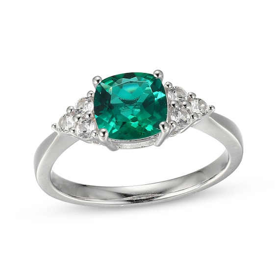 Cushion-Cut Lab-Created Emerald & White Lab-Created Sapphire Ring Sterling Silver
