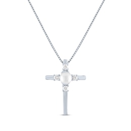 Cultured Pearl & White Lab-Created Sapphire Cross Necklace Sterling Silver 18&quot;