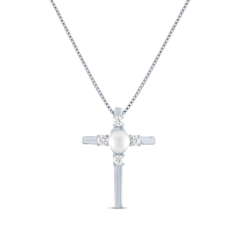 Main Image 1 of Cultured Pearl & White Lab-Created Sapphire Cross Necklace Sterling Silver 18&quot;