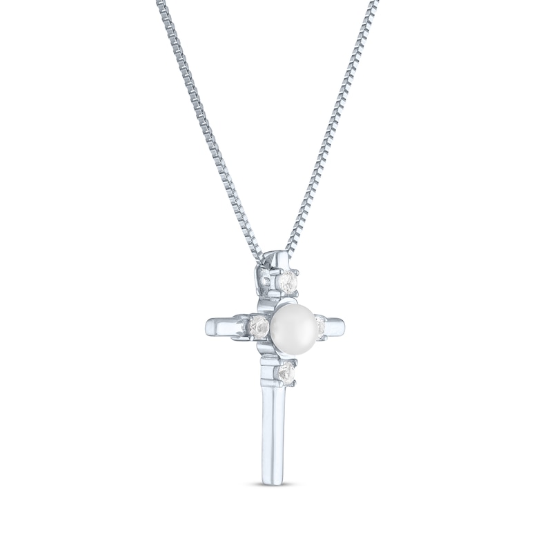 Main Image 2 of Cultured Pearl & White Lab-Created Sapphire Cross Necklace Sterling Silver 18&quot;