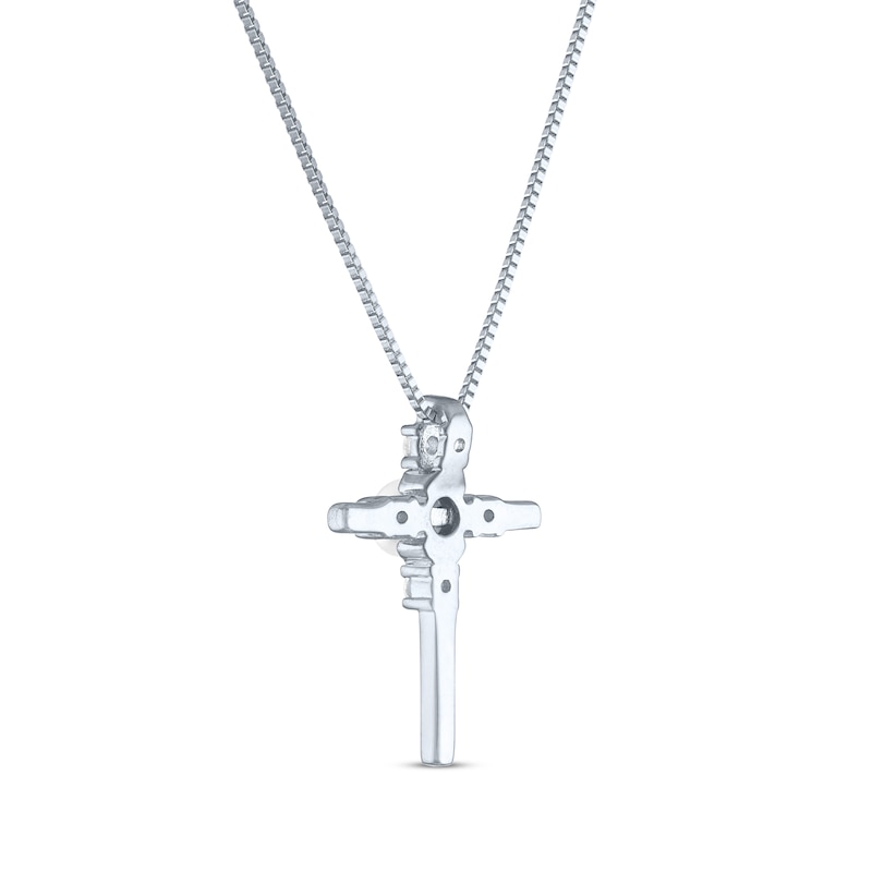 Main Image 3 of Cultured Pearl & White Lab-Created Sapphire Cross Necklace Sterling Silver 18&quot;