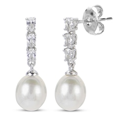 Cultured Pearl & White Lab-Created Sapphire Drop Earrings Sterling Silver