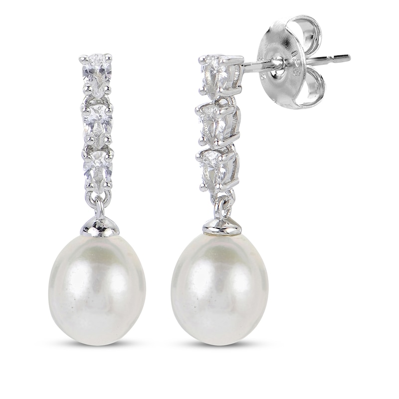 Main Image 1 of Cultured Pearl & White Lab-Created Sapphire Drop Earrings Sterling Silver