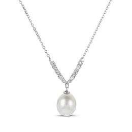 Cultured Pearl & White Lab-Created Sapphire Drop Necklace Sterling Silver 18&quot;