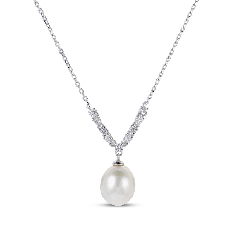 Main Image 1 of Cultured Pearl & White Lab-Created Sapphire Drop Necklace Sterling Silver 18&quot;