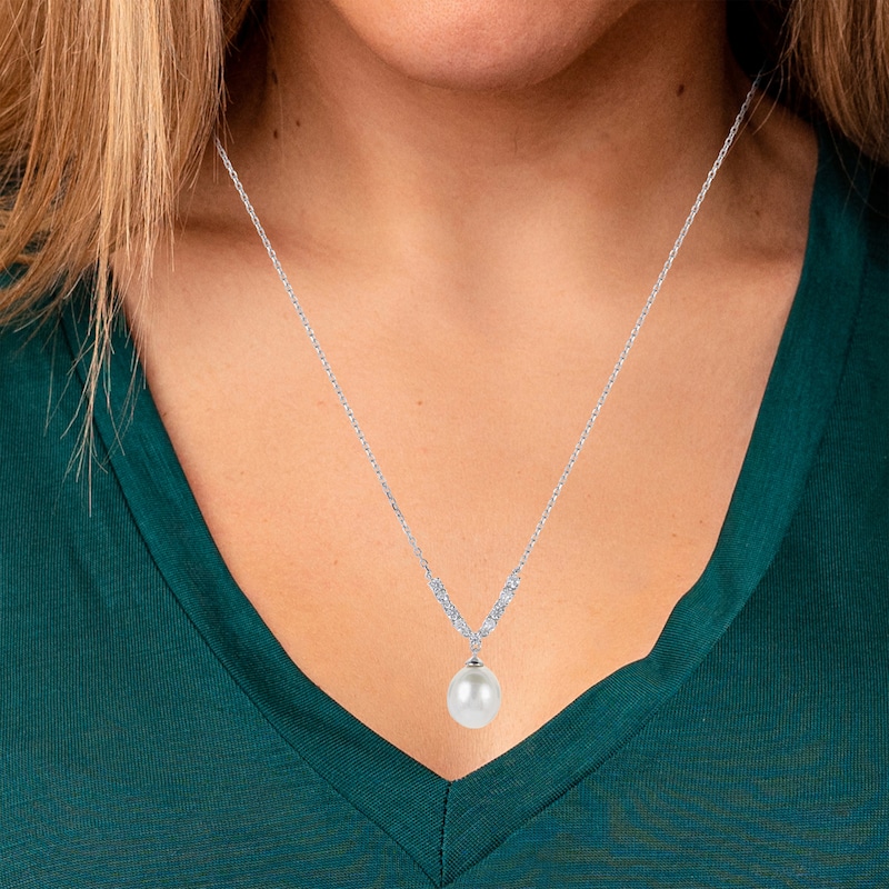 Main Image 3 of Cultured Pearl & White Lab-Created Sapphire Drop Necklace Sterling Silver 18&quot;