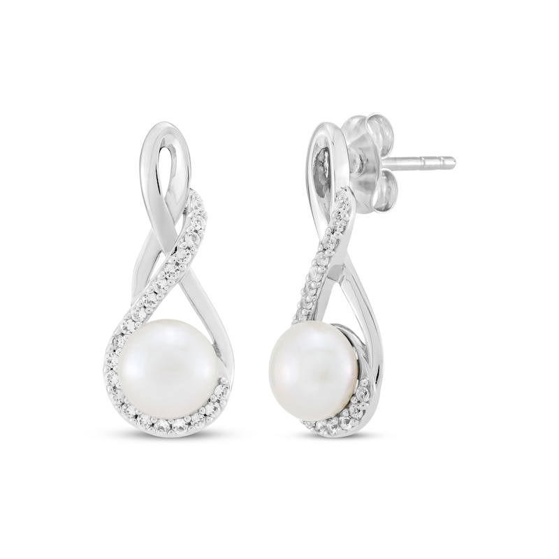 Main Image 1 of Cultured Pearl & White Lab-Created Sapphire Twist Drop Earrings Sterling Silver