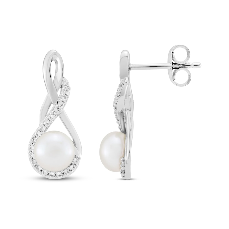 Main Image 3 of Cultured Pearl & White Lab-Created Sapphire Twist Drop Earrings Sterling Silver