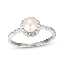 Cultured Pearl & White Lab-Created Sapphire Ring Sterling Silver