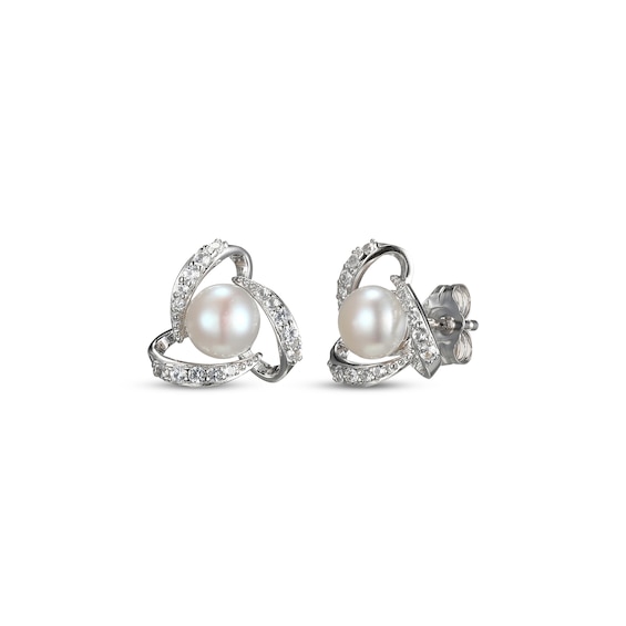 Cultured Pearl & White Lab-Created Sapphire Orbit Earrings Sterling Silver