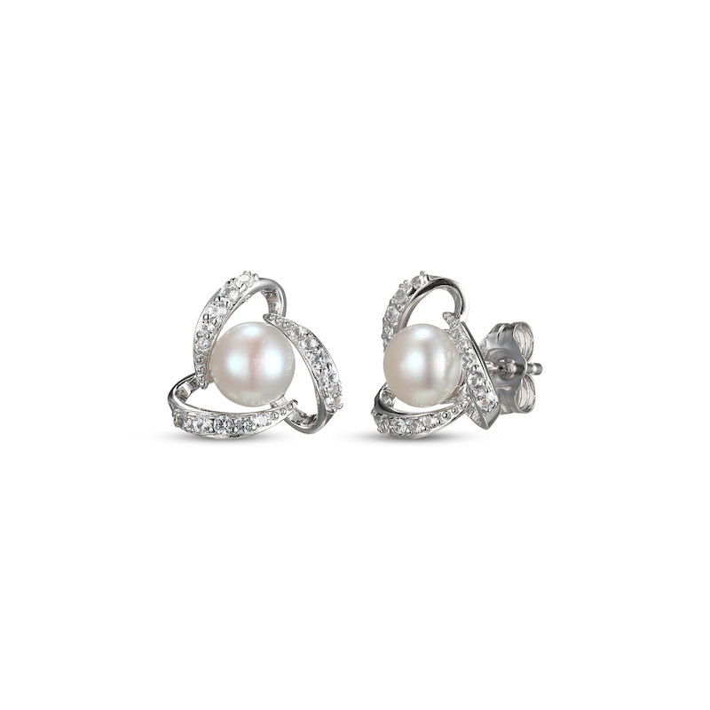 Main Image 1 of Cultured Pearl & White Lab-Created Sapphire Orbit Earrings Sterling Silver