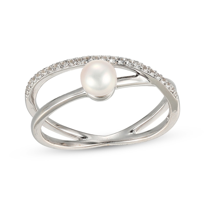 Main Image 1 of Cultured Pearl & White Lab-Created Sapphire Crossover Ring Sterling Silver