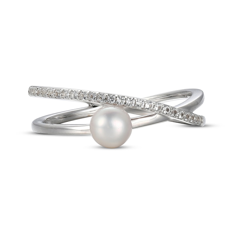 Main Image 3 of Cultured Pearl & White Lab-Created Sapphire Crossover Ring Sterling Silver