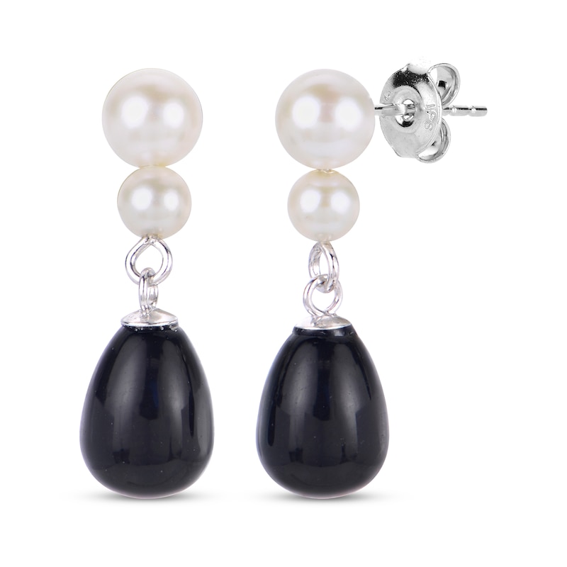 Cultured Pearl & Oval-Cut Black Onyx Dangle Earrings Sterling Silver