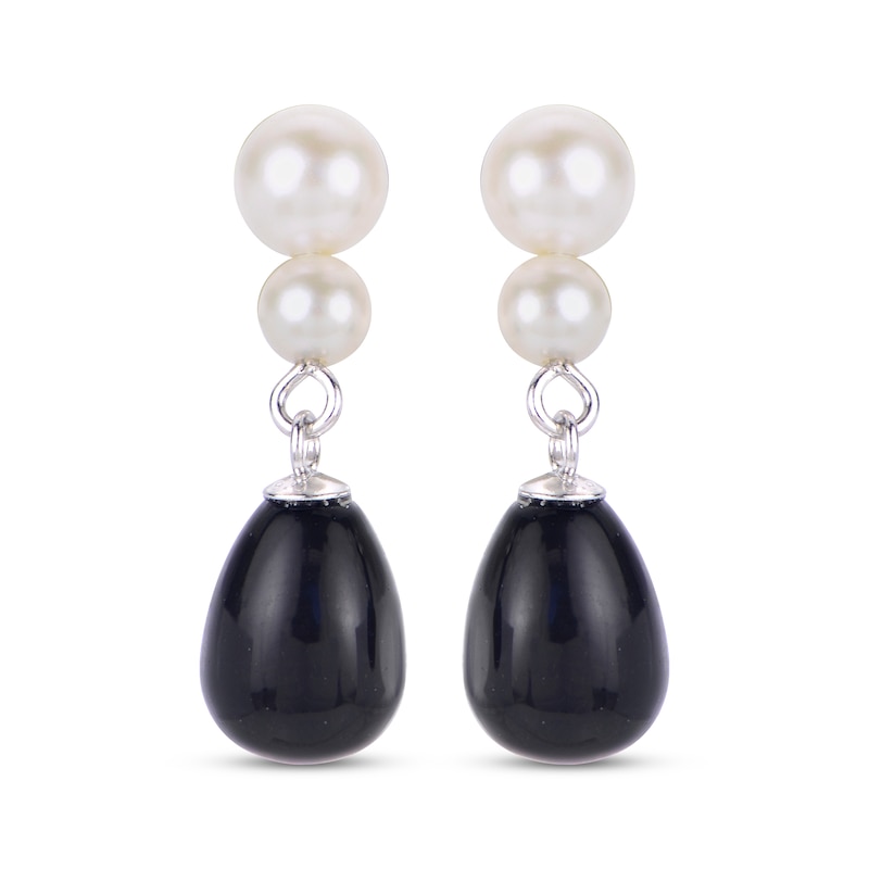 Cultured Pearl & Oval-Cut Black Onyx Dangle Earrings Sterling Silver